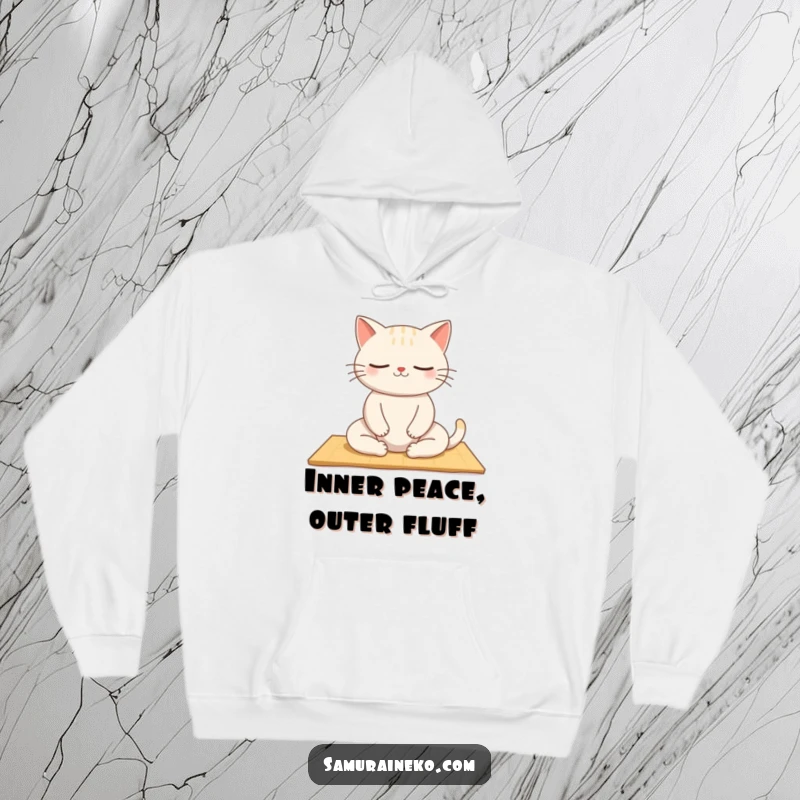 Funny Zen Cat Hoodie: A warm hoodie featuring a funny cat meditating peacefully on a tatami mat, offering cozy comfort and serene humor.