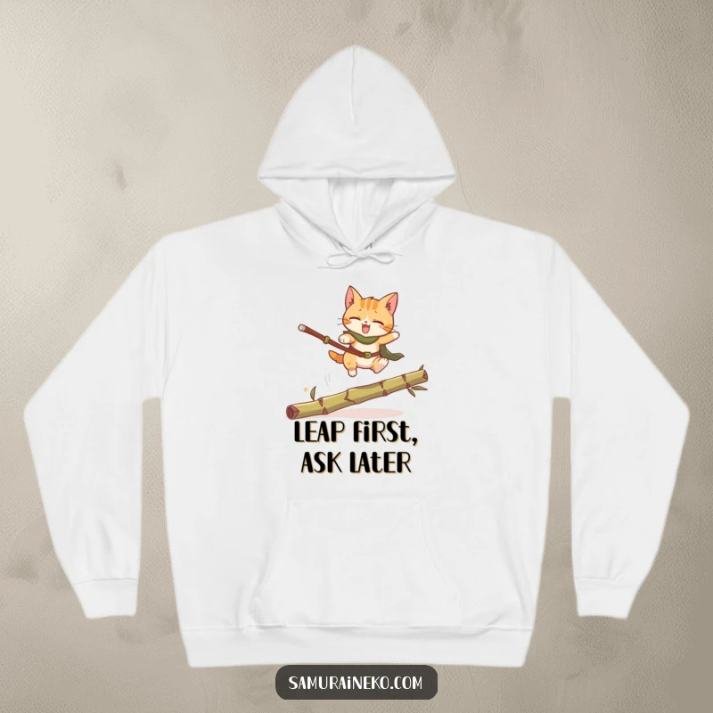 Funny Cat Warrior Hoodie: A dynamic depiction of a cat warrior leaping over bamboo, offering warmth and a humorous, adventurous vibe.