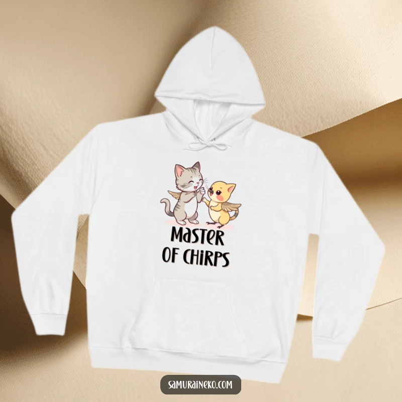 Funny hoodie art: a dynamic cat playfully sparring with a small, fluttering sparrow, a perfect cozy and comical scene.