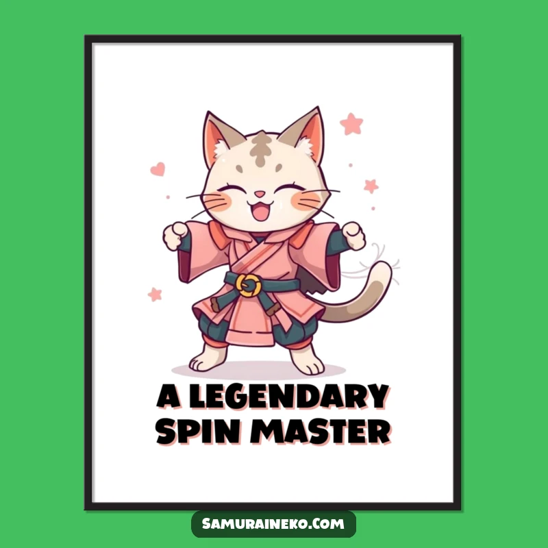 Free Printable Wall Art: Funny Cat Samurai Doing a Victory Spin!