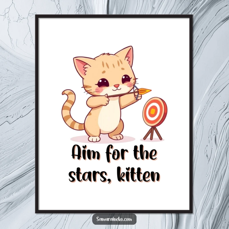 Funny Free Printable Wall Art: A cat archer is poised, aiming a tiny arrow at a playful target, full of focus.