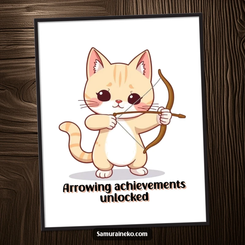 Funny Free Printable Wall Art: A cat with a tiny bow and arrow, intensely focused on its target.