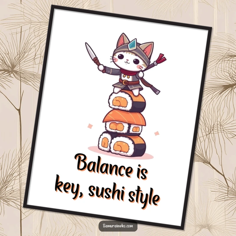 Funny Free Printable Wall Art: A small cat warrior skillfully balancing on an unsteady but impressive sushi tower.