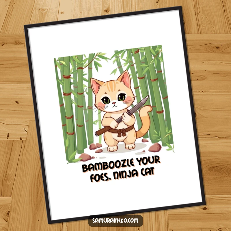 Funny Free Printable Wall Art depicting a cool samurai cat with a tiny katana in a serene bamboo forest setting.