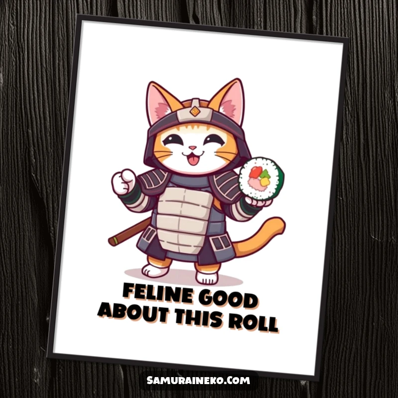 Funny Free Printable Wall Art: A cat dressed in samurai armor enthusiastically brandishes a tasty sushi roll.