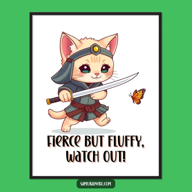 Free Printable Wall Art: Kitten Samurai's Butterfly Hunt - Funny Downloadable Decor!