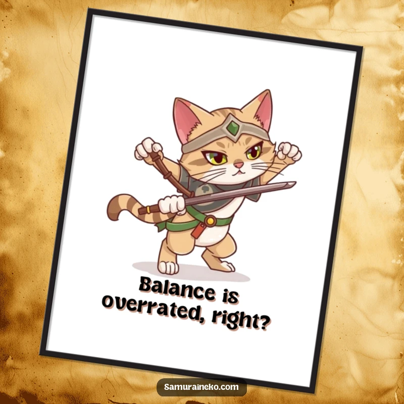 Funny Free Printable Wall Art of a cat warrior attempting an epic, dramatic pose but hilariously losing balance slightly.