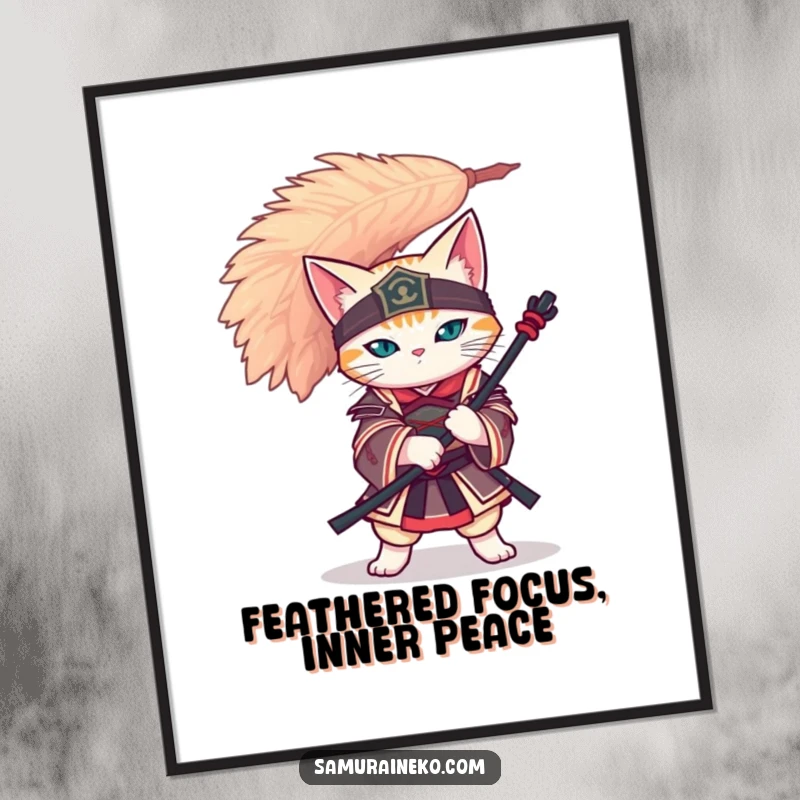 Funny Free Printable Wall Art: A cat samurai carefully balances a giant feather on its head, embodying calm and humor.
