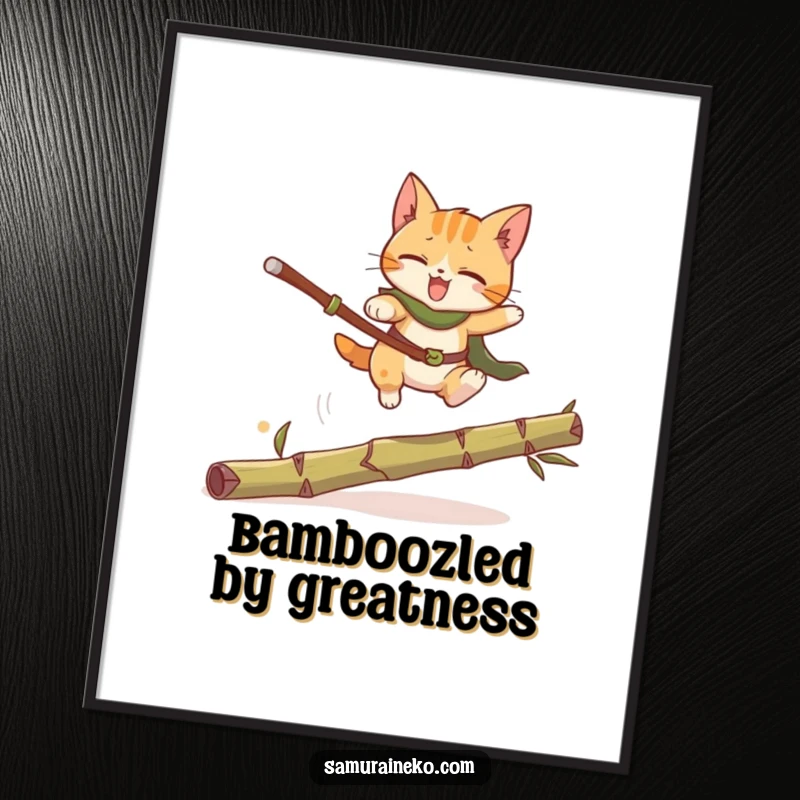 Funny Free Printable Wall Art: A powerful cat warrior in a dynamic pose, leaping over a fallen bamboo stalk.