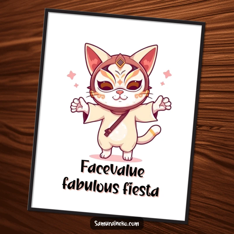 Funny Free Printable Wall Art: A colorful cat wearing a traditional kabuki mask, captured mid-dance with joyful expression.