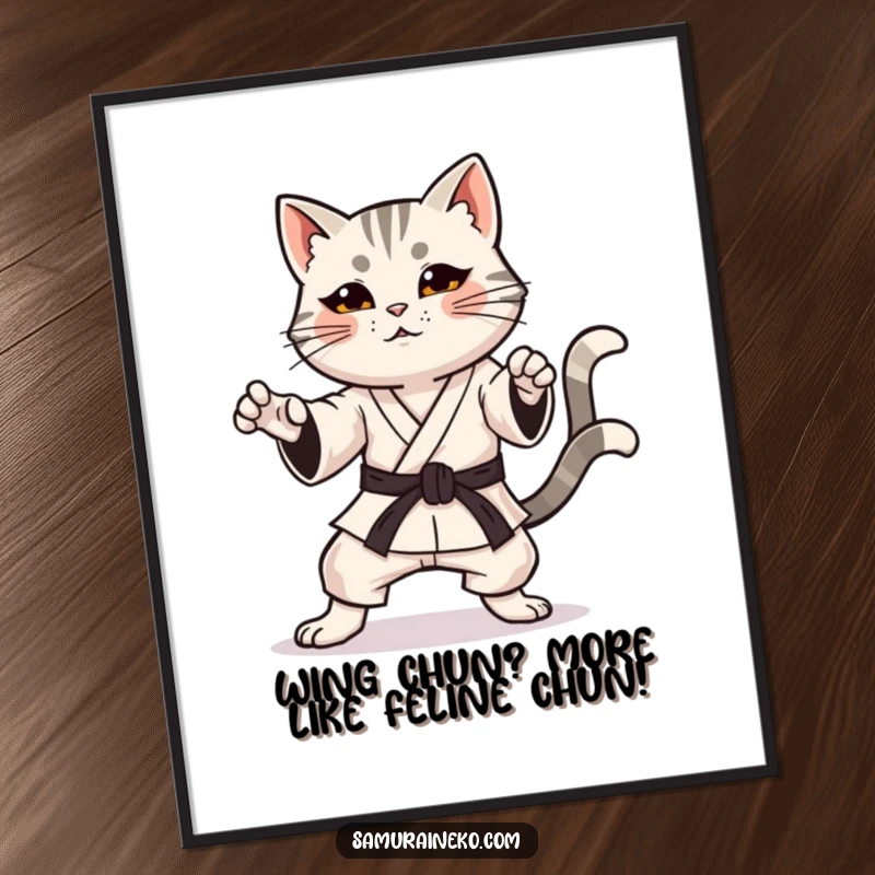 Funny Free Printable Wall Art: A cat in a dynamic karate pose smiles with its tail wagging happily.
