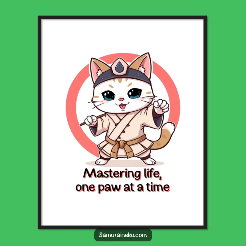 Free Printable Wall Art: Smiling Samurai Cat Poster for Martial Arts Fans - Downloadable