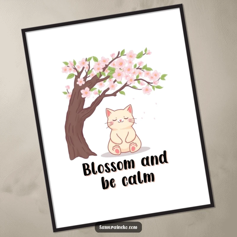 Funny Free Printable Wall Art: A cat meditating serenely under a cherry blossom tree, wearing a faint smile.