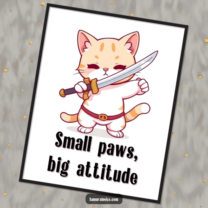 Funny Free Printable Wall Art: A cute cat with a tiny sword striking a bold, playful warrior pose.
