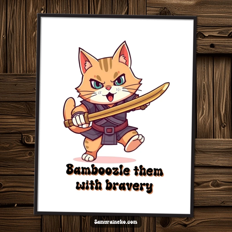 Funny Free Printable Wall Art: A determined cat warrior charging forward bravely, holding a bamboo sword aloft.