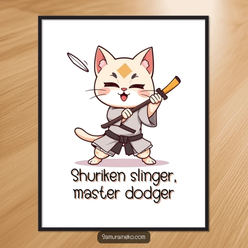 Funny Free Printable Wall Art: A cat samurai character in a dynamic pose, joyfully dodging an incoming shuriken.