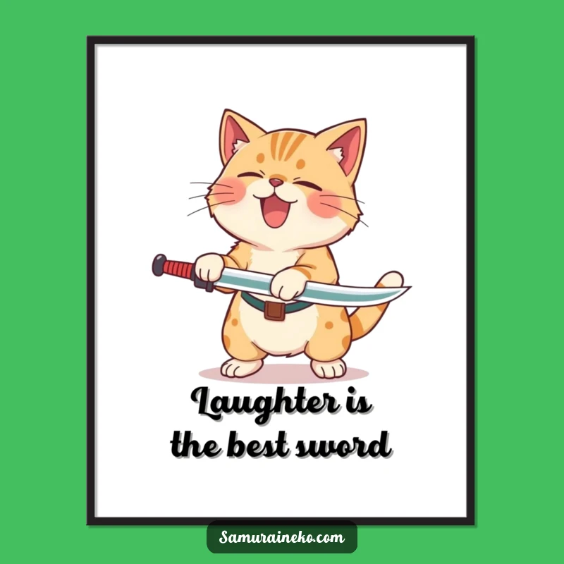 Funny Free Printable Wall Art: Laughing Cat Swordsman - Humorous Decor!