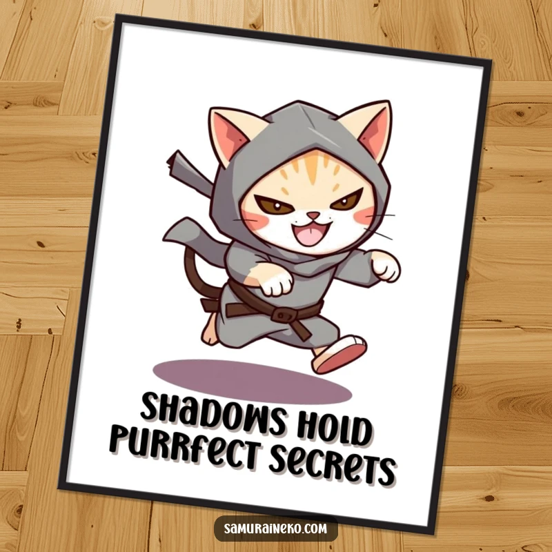 Funny Free Printable Wall Art: A cat ninja character leaping dynamically from a deep shadow, displaying a bold, mischievous grin.