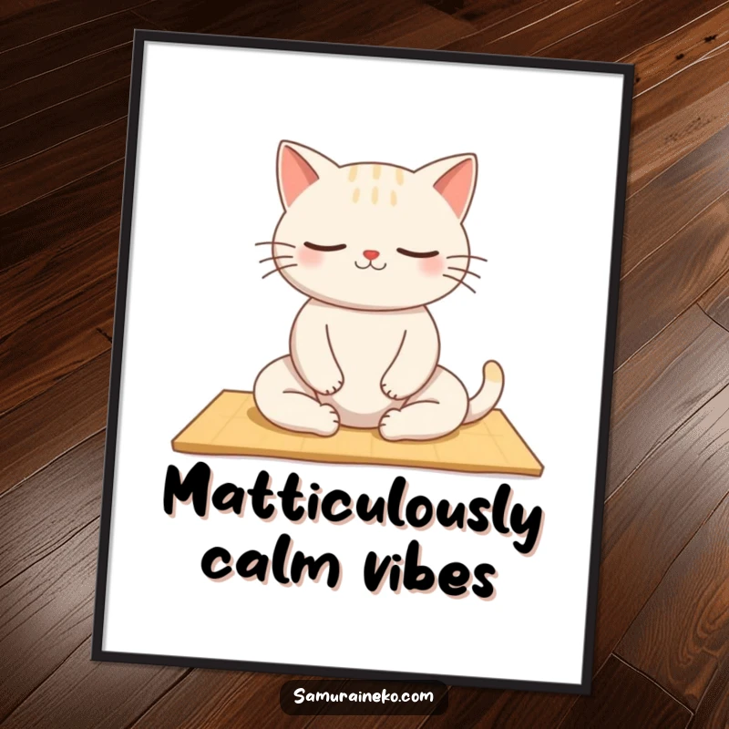 Funny Free Printable Wall Art: A cat sitting peacefully cross-legged on a tatami mat, embodying zen.