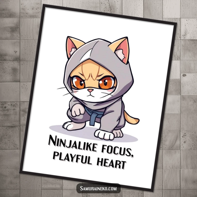 Funny Free Printable Wall Art: A low-crouched cat ninja with playful eyes, poised to pounce, embodying stealth, agility, and fun.