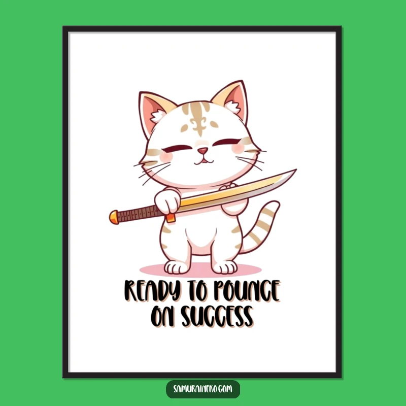 Free Printable Wall Art: Funny Cat Samurai Sword Sharpening for Your Den!