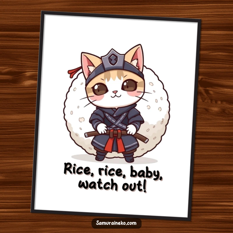 Funny Free Printable Wall Art: A mischievous cat samurai character playfully peeking from behind a large, delicious-looking rice ball.