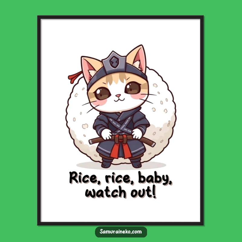 Funny Free Printable Wall Art: Rice Ball Cat Samurai, Downloadable Decor