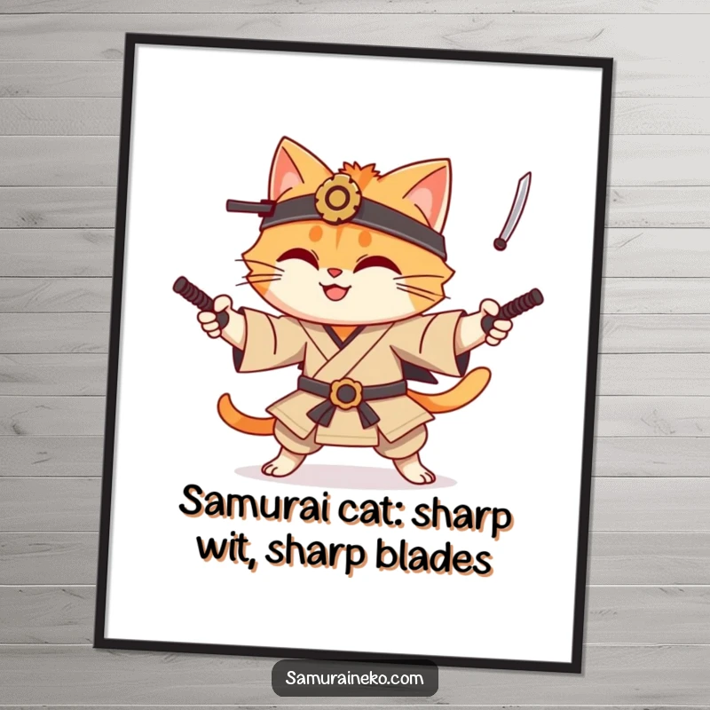 Funny free printable wall art: A skilled cat samurai character playfully juggles sharp katanas, bringing action and humor to any room.
