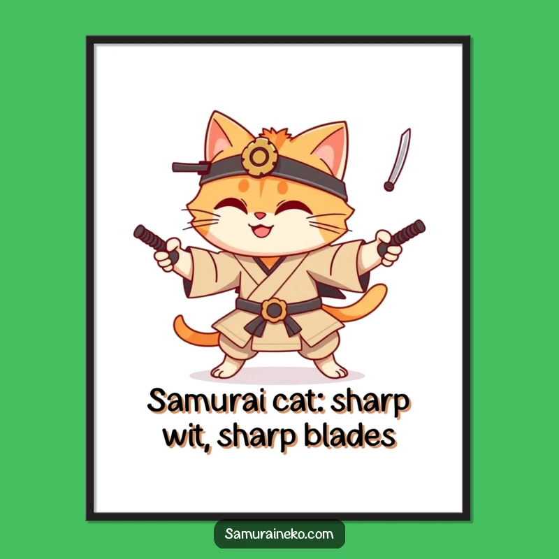 Free Printable Cat Samurai Wall Art: Funny Juggling Katanas Digital Download Decor