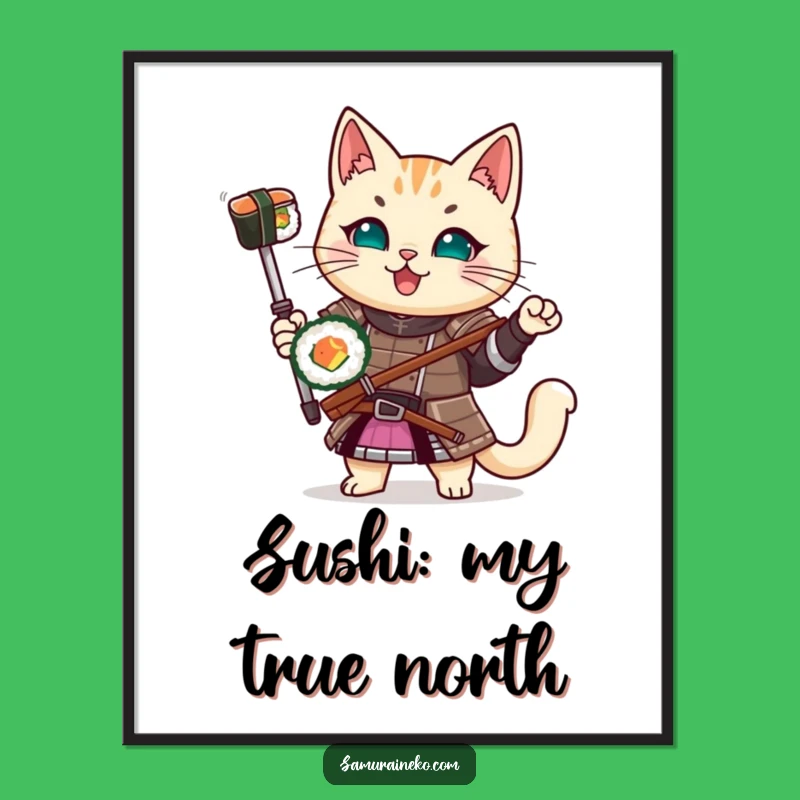 Funny Samurai Cat Sushi Free Printable Wall Art - Quirky Downloadable Art