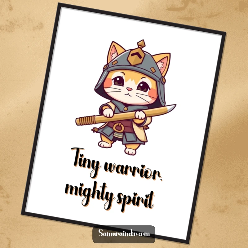 Funny Free Printable Wall Art: A cat in a tiny helmet brandishes a bamboo sword, exuding playful warrior spirit.