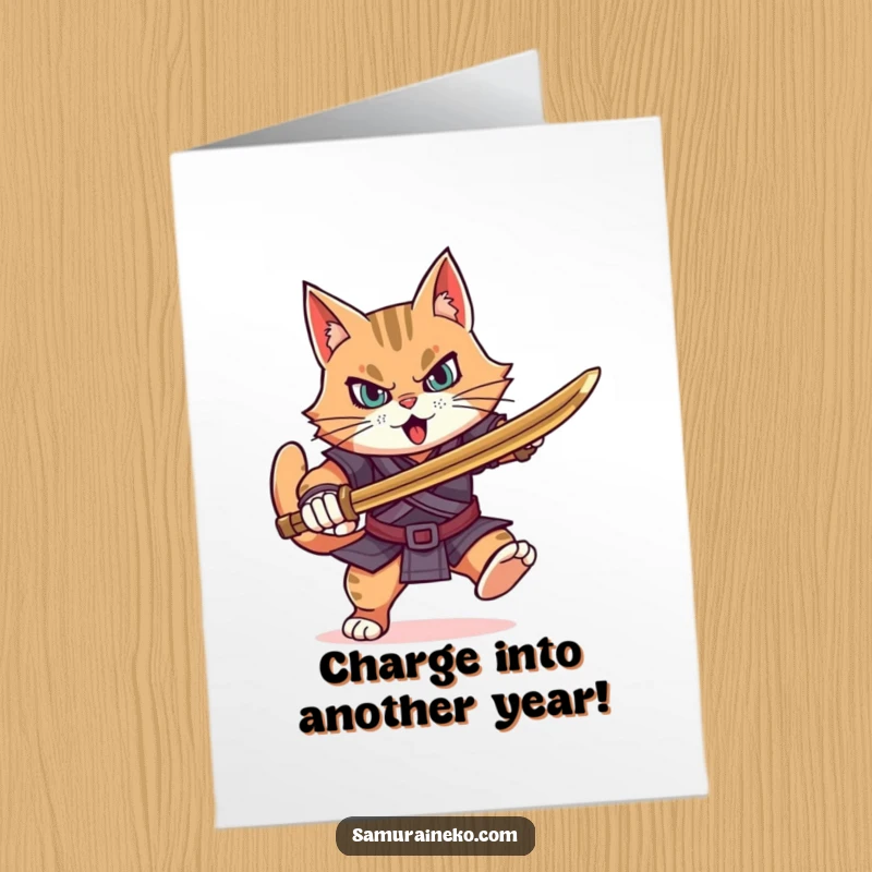 Funny Free Printable Birthday Card: Determined cat warrior charging with a bamboo sword held high in readiness.