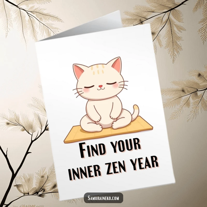 Funny Free Printable Birthday Card: A cat sitting calmly in a meditative pose on a tatami mat, radiating peace.