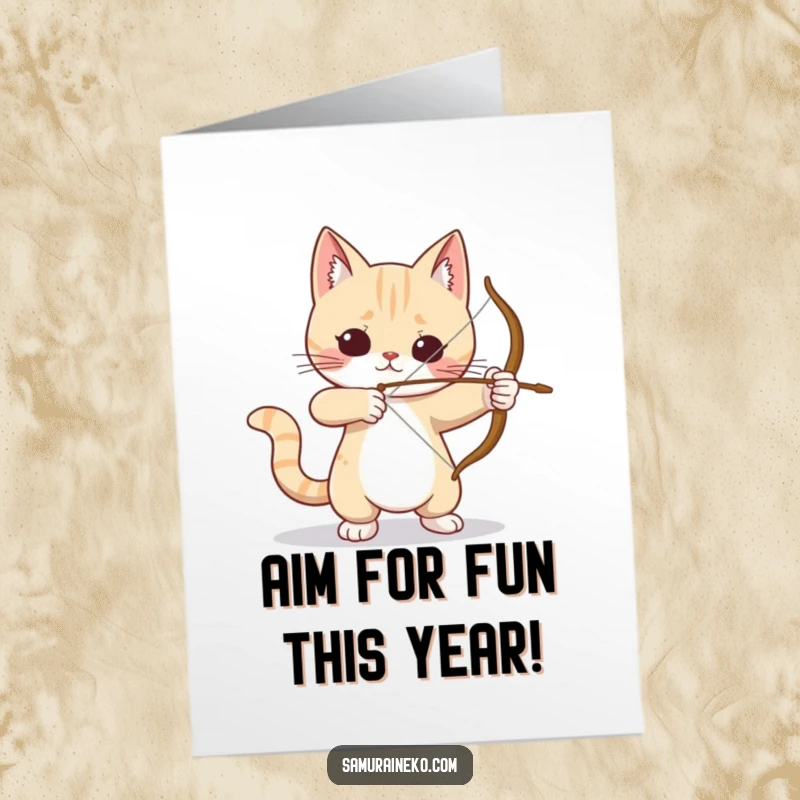 Funny Free Printable Birthday Card: A focused cat concentrating intensely while practicing archery with a tiny bow.