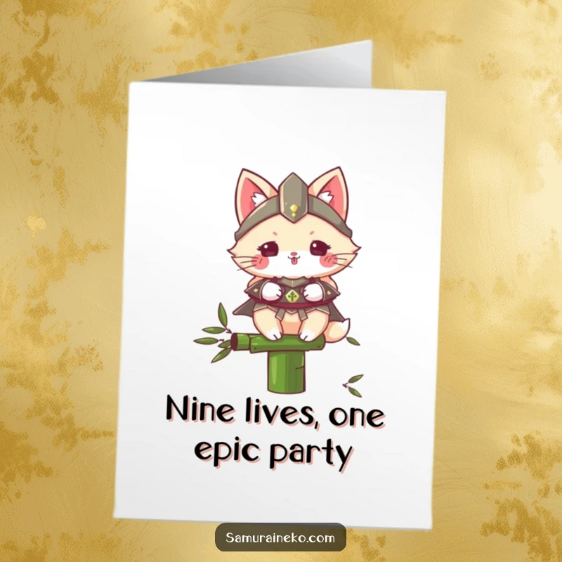 Funny Free Printable Birthday Card: Fluffy cat ninja in tiny armor balances on bamboo, looking ready for cake.