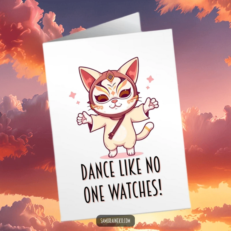 Funny Free Printable Birthday Card: A whimsical cat wearing a vibrant kabuki mask, dancing with pure joy.