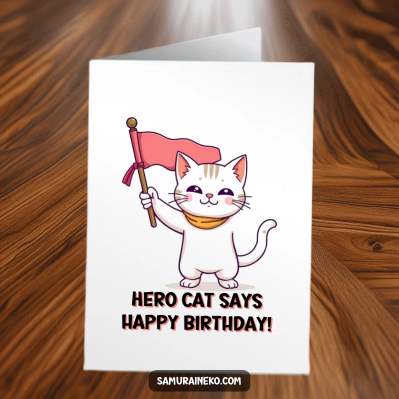 Funny Free Printable Birthday Card: Hero cat strikes a triumphant pose holding a miniature banner, ready for a purrfect celebration.