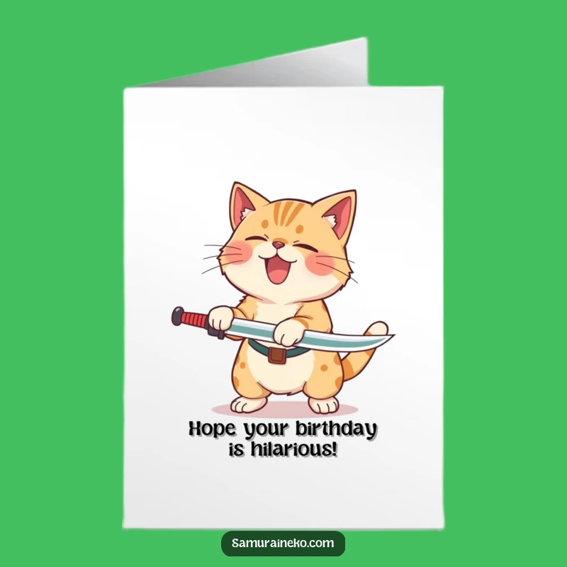 Free Printable Birthday Card: Laughing Cat Swordsman - Funniest Gift!