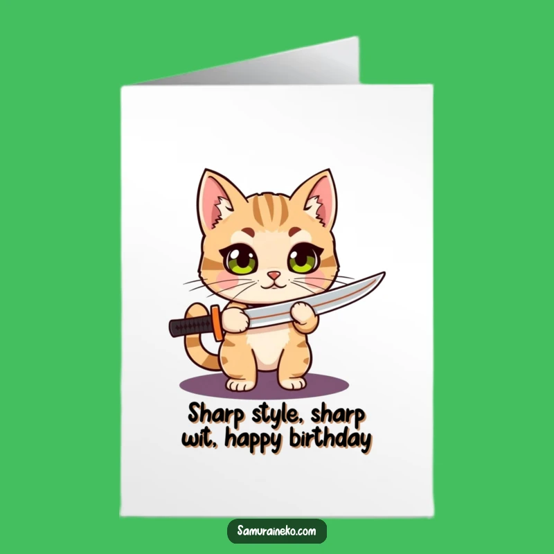 Free Printable Birthday Card: Proud Cat Swordsman Ready to Celebrate - Downloadable