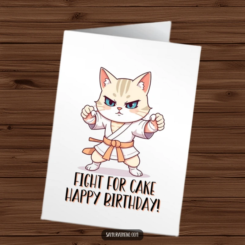 Funny Free Printable Birthday Card: A cat warrior strikes exaggerated, comical stances with energetic, funny movements, ready to celebrate.