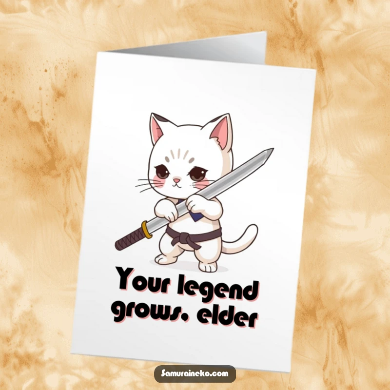 Funny Free Printable Birthday Card featuring a proud cat sheathing a tiny katana with dramatic flair.