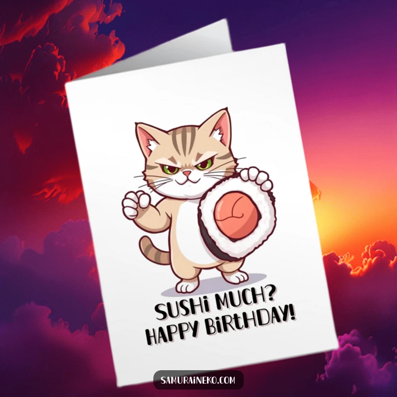 Funny Free Printable Birthday Card: Fierce kitty posing dramatically with a comically oversized sushi roll, ready to celebrate.