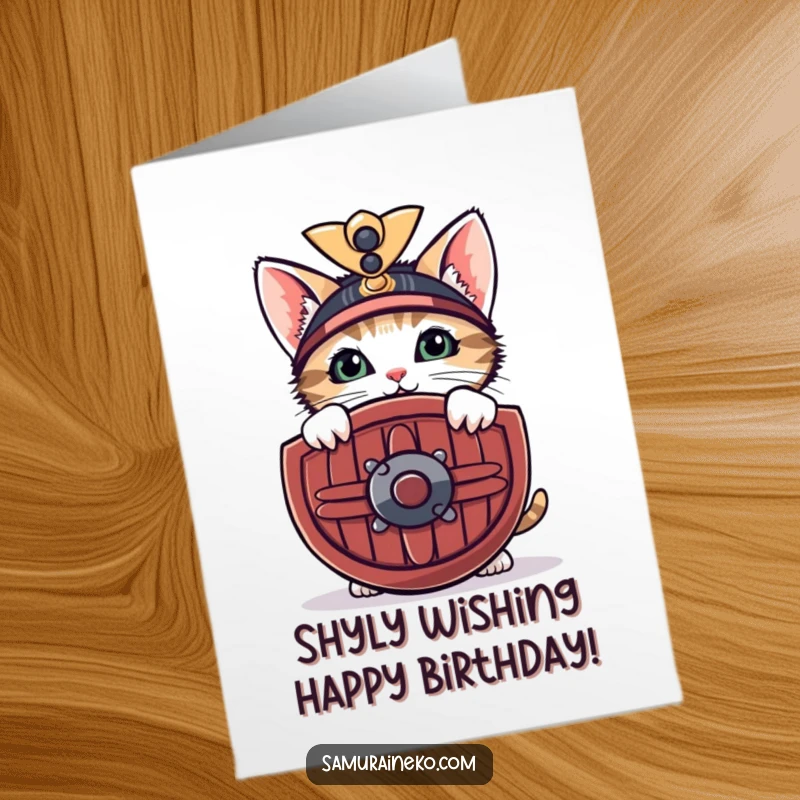 Funny Free Printable Birthday Card: Curious kitten peeking from behind a miniature samurai shield with a shy smile, celebrating.