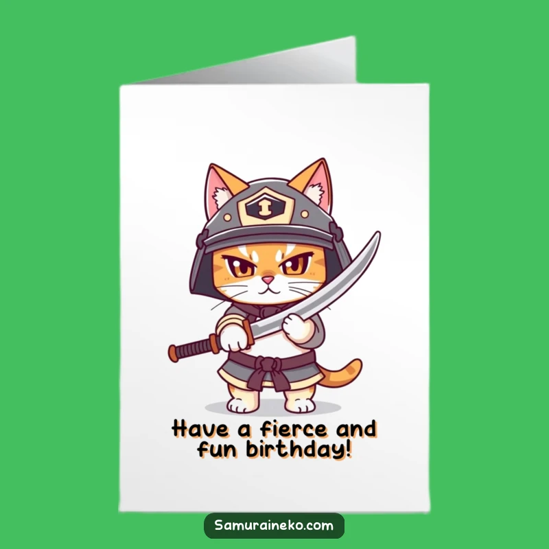 Free Printable Birthday Card: Samurai Cat Warrior - Funny Downloadable Gift for Him