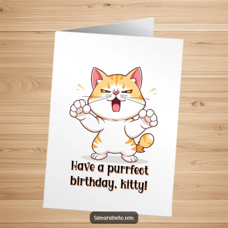 Funny Free Printable Birthday Card: Mischievous cat with determined expression practicing paw strikes, sending birthday wishes.