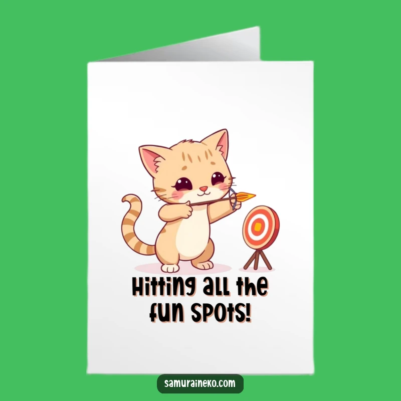 Free Printable Birthday Card: Cat Archer Aiming - Funny Downloadable Gift