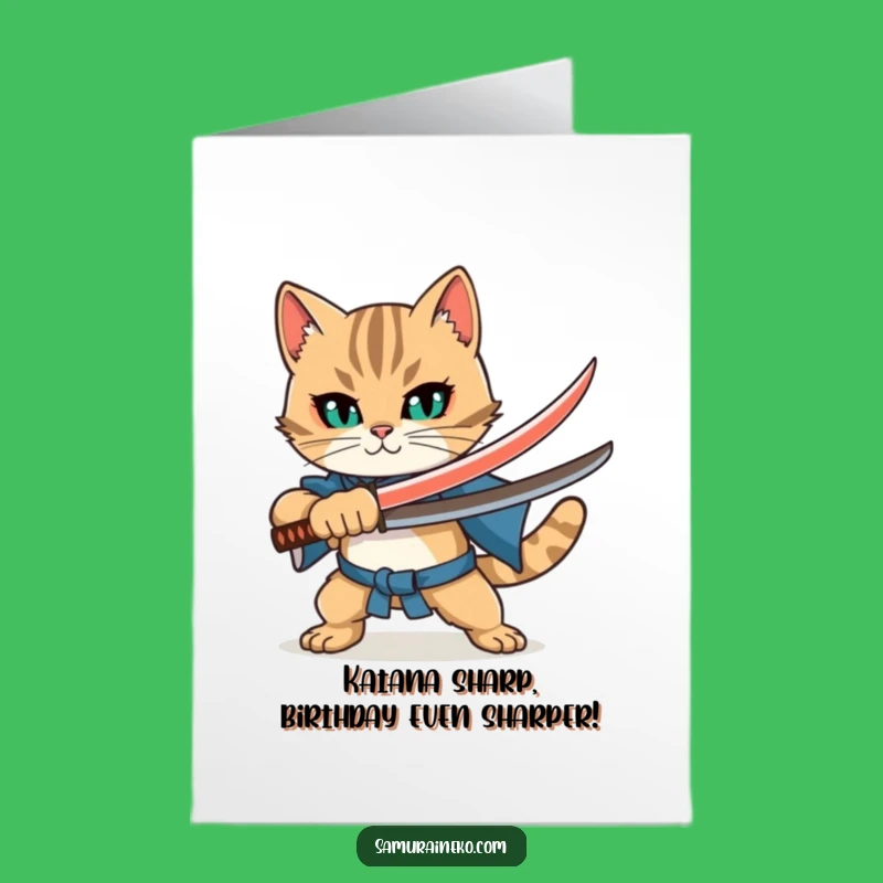 Free Printable Birthday Card: Funny Cat Samurai Card for Laughs - Downloadable Gift