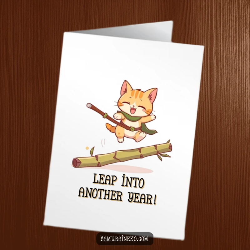 Funny Free Printable Birthday Card: A determined cat warrior in mid-air, leaping over a bamboo stalk with excitement.
