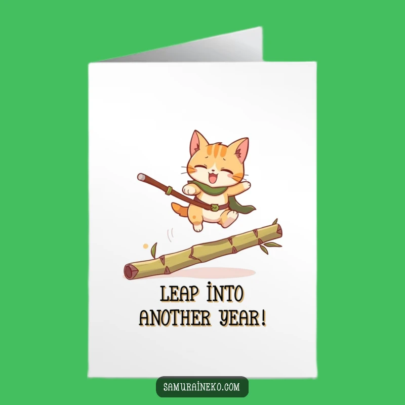 Free Printable Birthday Card: Funny Cat Warrior Leaping, Downloadable Gift for Cat Lovers