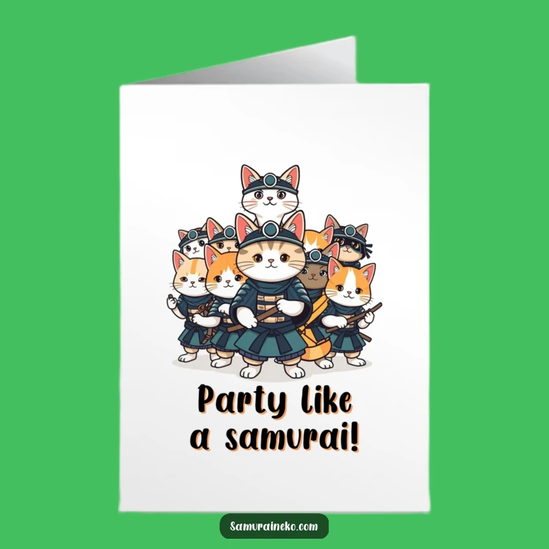 Free Printable Birthday Card: Fun Cat Samurai Group, Hilarious Downloadable